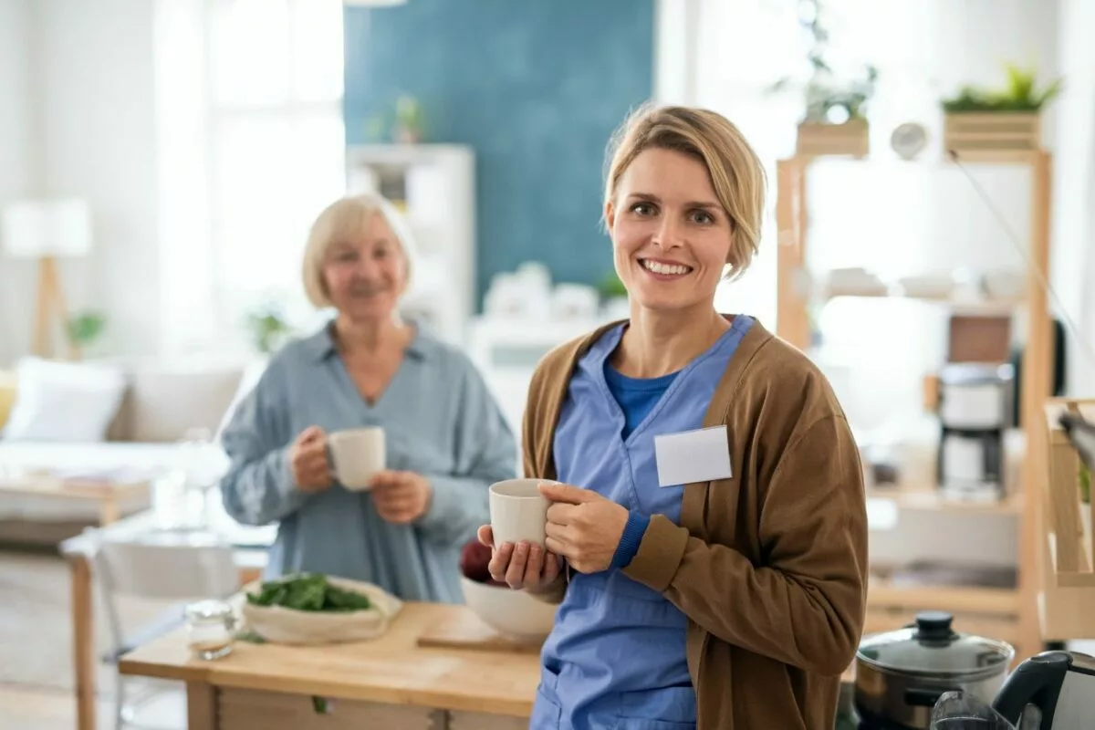 Senior woman with caregiver or healthcare worker indoors drinking tea in kitchen .jpg